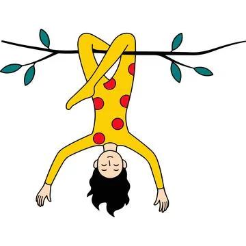 Woman Hanging Upside Down from a Tree Branch Stock Illustration