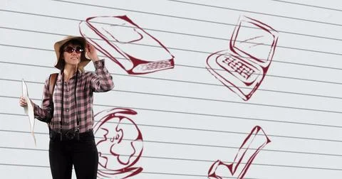 Woman in hat exploring with map, surrounded by educational doodles on wall Stock Illustration