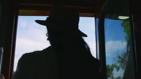 Woman in hat leaning from moving train, summer travel Stock Footage 327634982