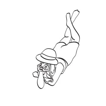 Woman with hat using instant camera illustration vector hand drawn isolated Stock Illustration