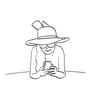 Woman with hat using smartphone texting relaxing on beach illustration vector イラスト素材