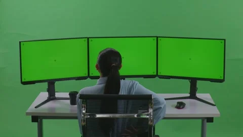 Woman Having Backache While Working With Mock Up Multiple Computer Monitor Video stock 252569707