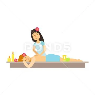 Woman Having A Massage With Massage Oil In A Spa. Colorful Cartoon Character