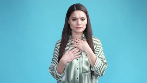 Woman having panic attack can't breathe in touch her neck throat Stock Footage 198332632