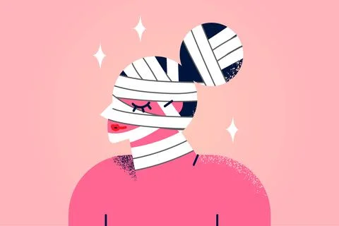 Woman with head in bandages after cosmetic surgery Stock Illustration