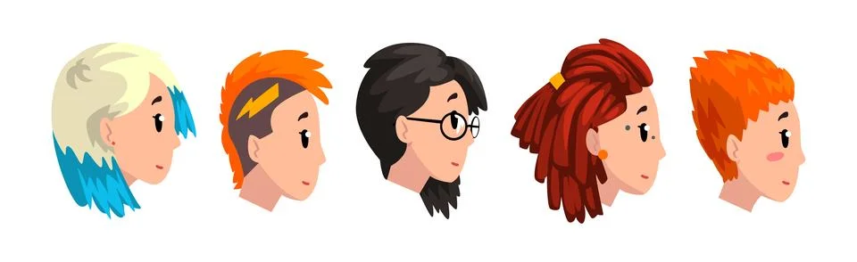 Woman Head Side View with Different Hairstyle Vector Set Stock Illustration