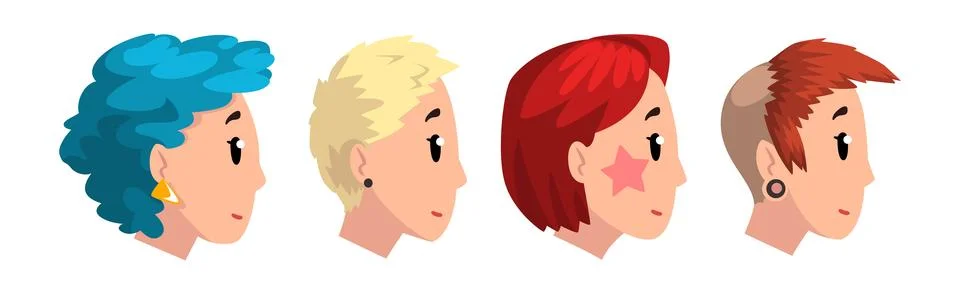 Woman Head Side View with Different Hairstyle Vector Set Stock Illustration