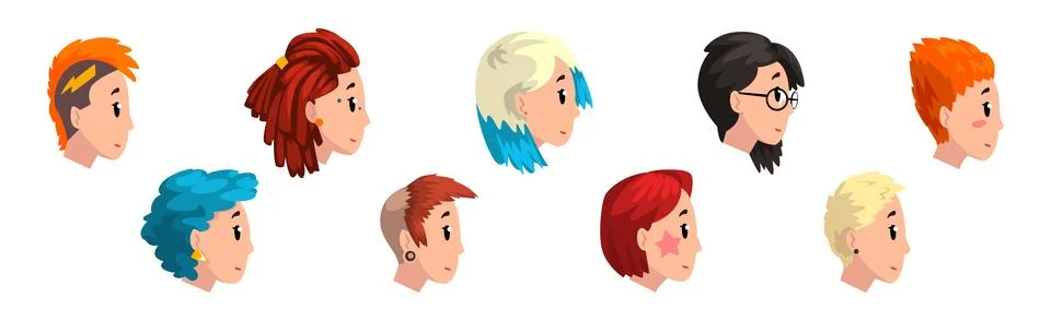 Woman Head Side View with Different Hairstyle Vector Set Stock Illustration