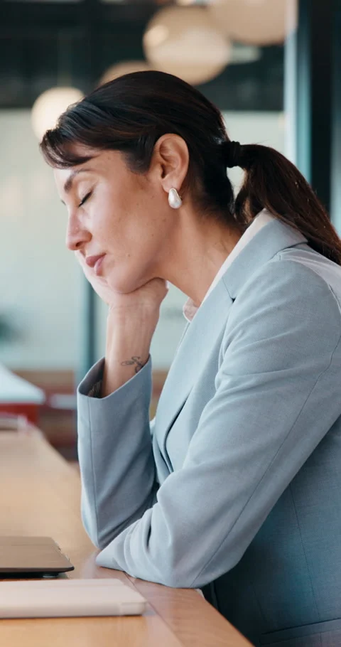 Woman, headache and remote work in cafe with laptop, wrong glasses prescription Stock Footage 335832412