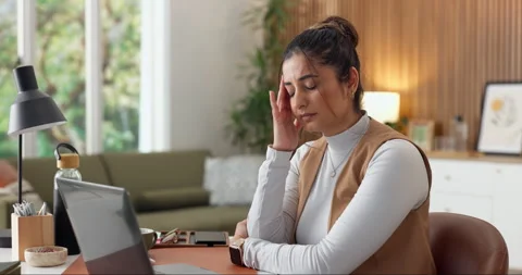 Woman, headache and remote work in house with laptop, fatigue and challenge for Stock Footage 337291502