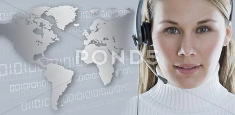 Woman With Headset With World Map In Background