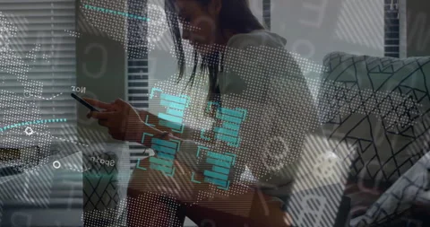Woman hearing alert tone raising phone unlocking, checking chat as animated Stock Footage 313242575