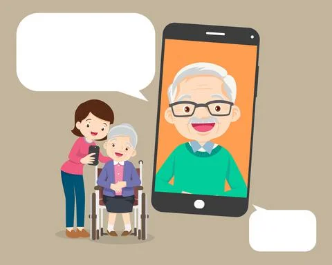 Woman help elderly with communication using smart phone Stock Illustration