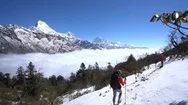 Woman Hiking Above Clouds In The Himalayas, Nepal Stock Footage