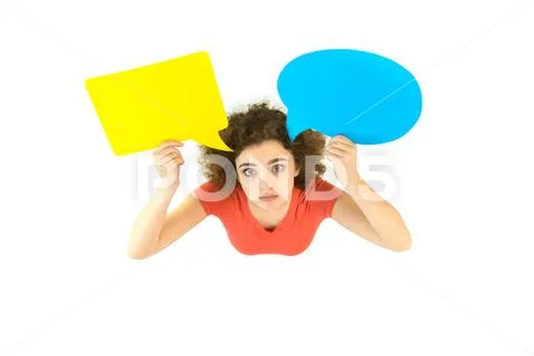 The woman hold the dialog signs. View from above Stock Photos