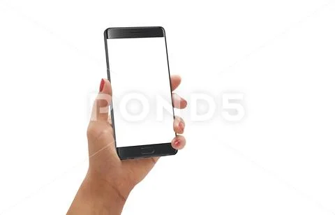 Woman hold modern smartphone with curved edge with white screen for mockup. I Stock Photos