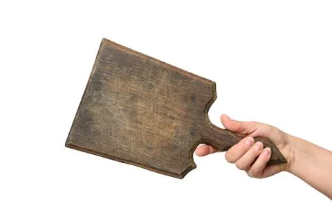 Woman holding blank brown rectangular wooden board in hand Stock Photos