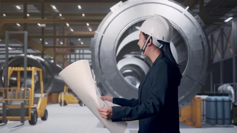 Woman Holding Blueprint While Walking and Looking Around at Heavy Factory Stock Footage 340814760