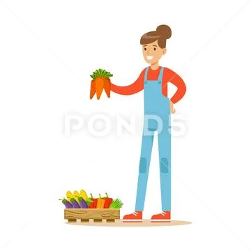 Woman Holding Bunch Of Carrots, Farmer Working At The Farm And Selling On Stock Illustration