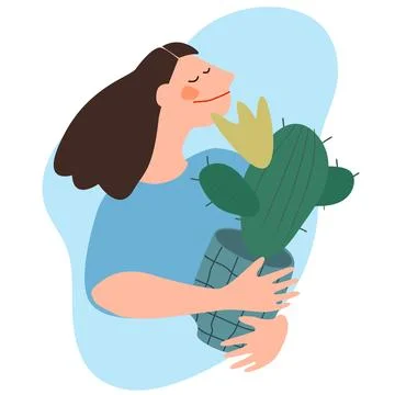 Woman holding cactus. Flat vector illustration. Indoor plants growing, sell.. Stock Illustration