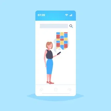 Woman holding cellphone using notes digital online mobile application creative Ilustración de archivo