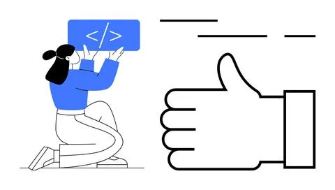 Woman holding coding panel with thumbs up symbol. Ideal for tech industry, we Stock Illustration