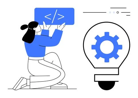 Woman holding a coding symbol while kneeling near a light bulb with a gear in Stockillustratie