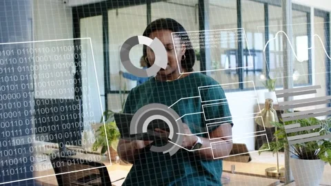 Woman holding device studying AR binary panel in office, tapping and animating Stock Footage 333445461