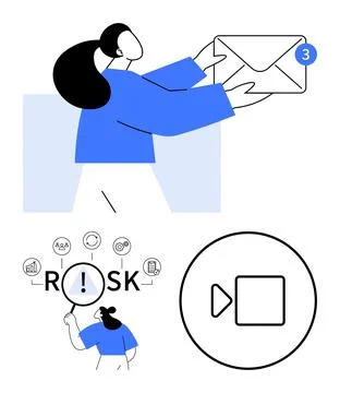 Woman holding an envelope with notifications, analyzing risk icons with a mag Stock Illustration