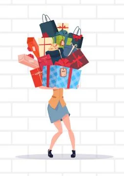 Woman Holding Gift Boxes Stack Over White Brick Wall Background Holiday Presents Stock Illustration
