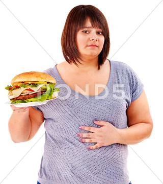 Woman holding hamburger. Stock Photos