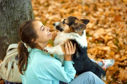 Woman holding her cute pupy Welsh Corgi dog, spending time together at autumn Stock Photos