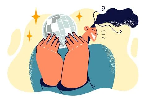 Woman holding mirror disco ball for party and smiling enjoying club music and Stock Illustration