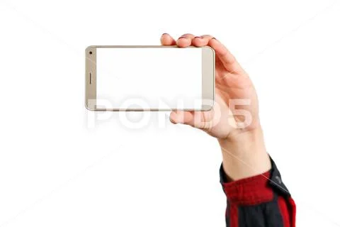 Woman holding mobile phone with blank screen on white background Stock Photos