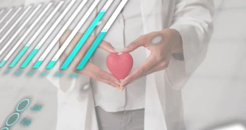 Woman holding red heart, code text emerging with bar graph, pie chart animating Stock Footage 329234282