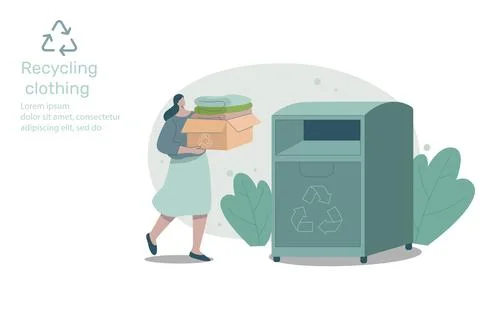 Woman holding stack of clothes or textiles to donate, Recycle and sustainab.. Иллюстрация