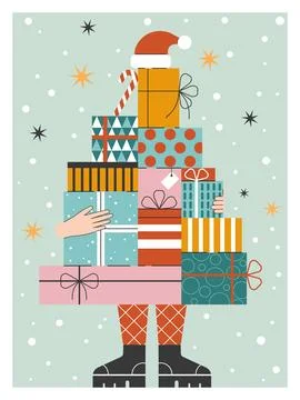 Woman Holding Stack of Wrapped Gift Boxes Illustrazione stock