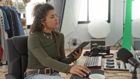 Woman holding tablet and using mouse at a desk with camera, microphone, gre.. Stock Footage 339180888