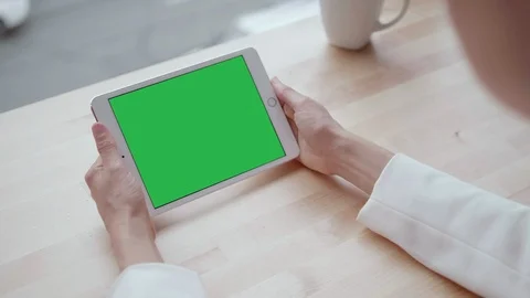 Woman Holding Tablet Computer Screen, Green Digital Business Hand Pad Background Stock Footage 95795865