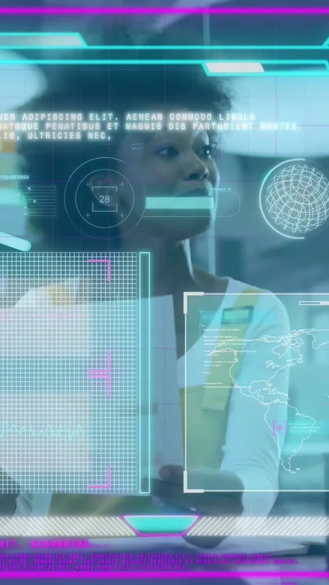 Woman holding tablet glancing down, looking left interacting with HUD map Stock Footage 332734460
