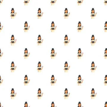 Woman holding tablet seamless pattern repeating background Stock Illustration