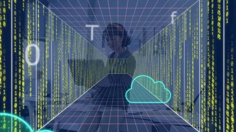 Woman holding tablet at table, grid projecting and animating clouds over tablet Stock Footage 334729311