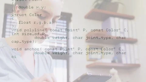 Woman holding tablet tapping screen, making coding overlay shift while debugging Stock Footage 331227618