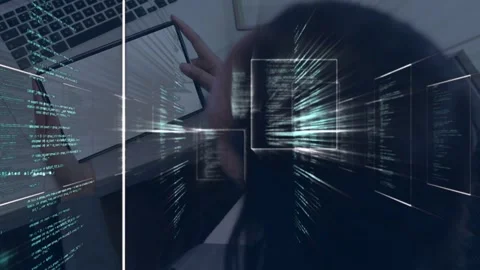 Woman holding tablet, tapping screen, drawing code panels converging over Stock Footage 335282853