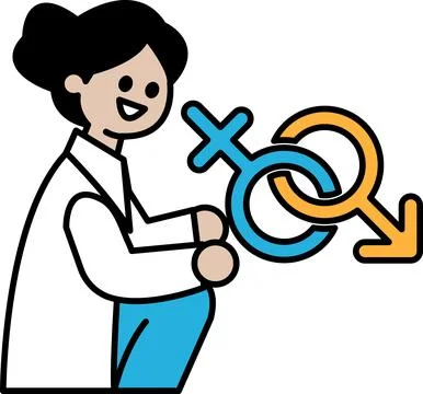 A woman is holding two different colored symbols of male and female Stock Illustration