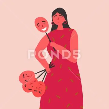 Woman holds and wear masks with different emotions Stock Illustration