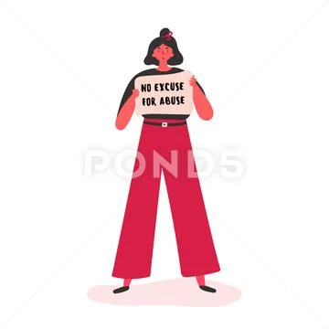 Woman holds a poster with text No excuse for abuse Stock Illustration