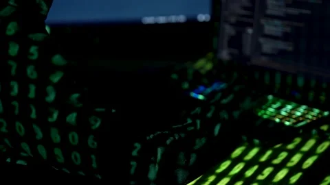 Woman in hood is hacking password. Programmer software developer is writing c Stock Footage 149298819