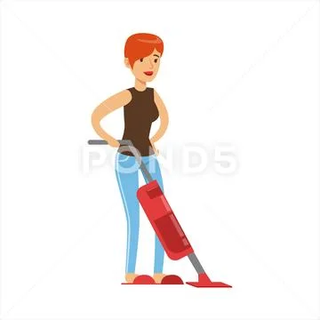 Woman Housewife Cleaning The Floor With Vacuum Cleaner, Classic Household Duty Stock Illustration
