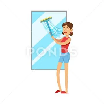 Woman Housewife Cleaning The Window With Squeegee, Classic Household Duty Of Stock Illustration